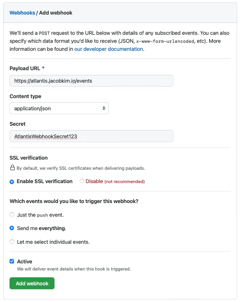 A screenshot of the GitHub repository webhook settings page
