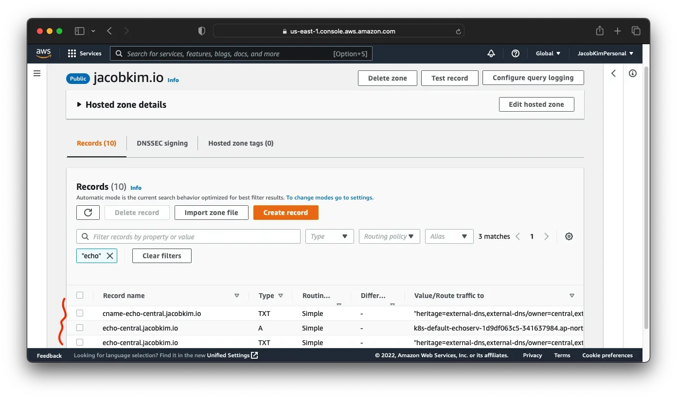 A screenshot of AWS Route53 console which shows the DNS record for echo server