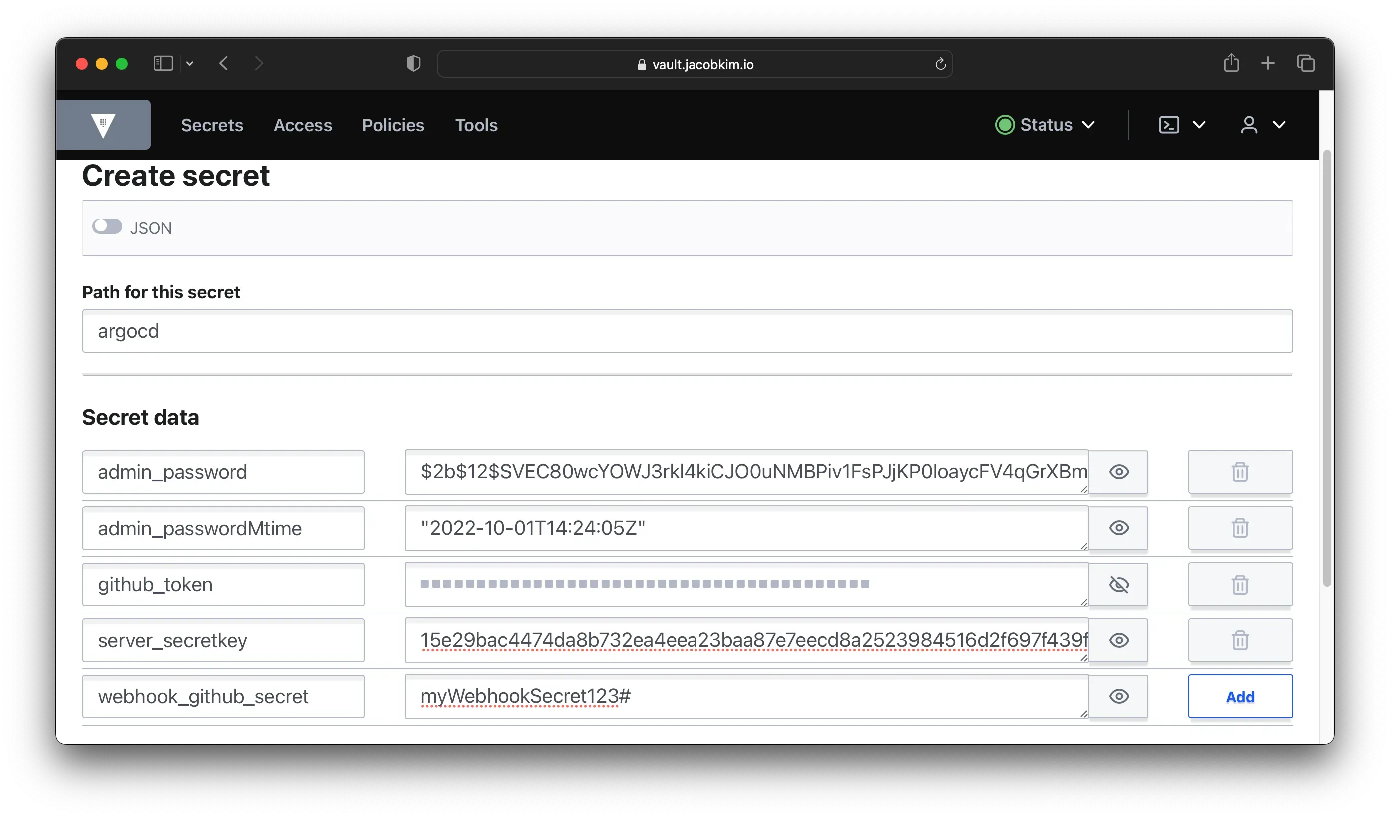 A screenshot of the Vault UI which shows how to create a secret for Argo CD