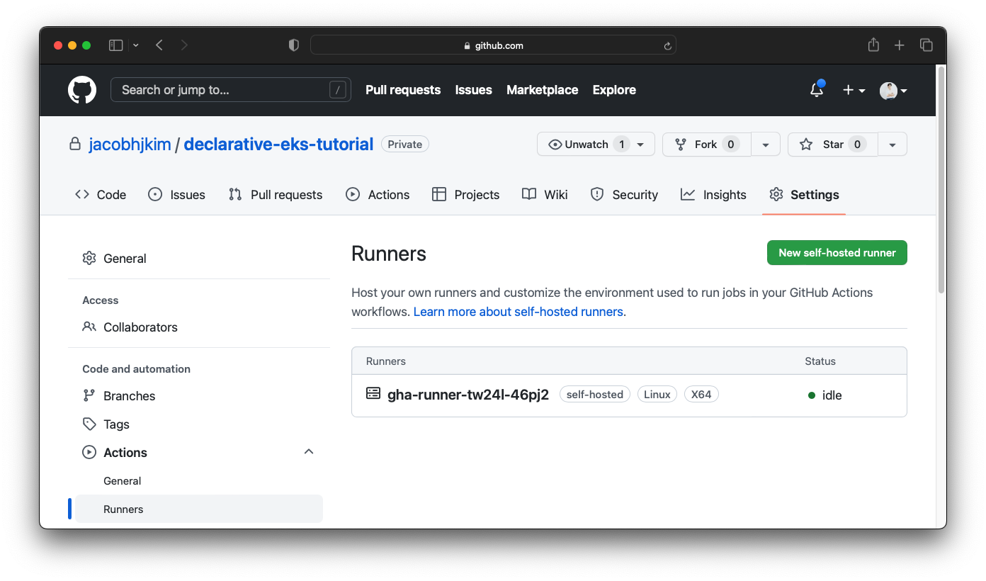 A screenshot of the GitHub Actions Runner configuration page