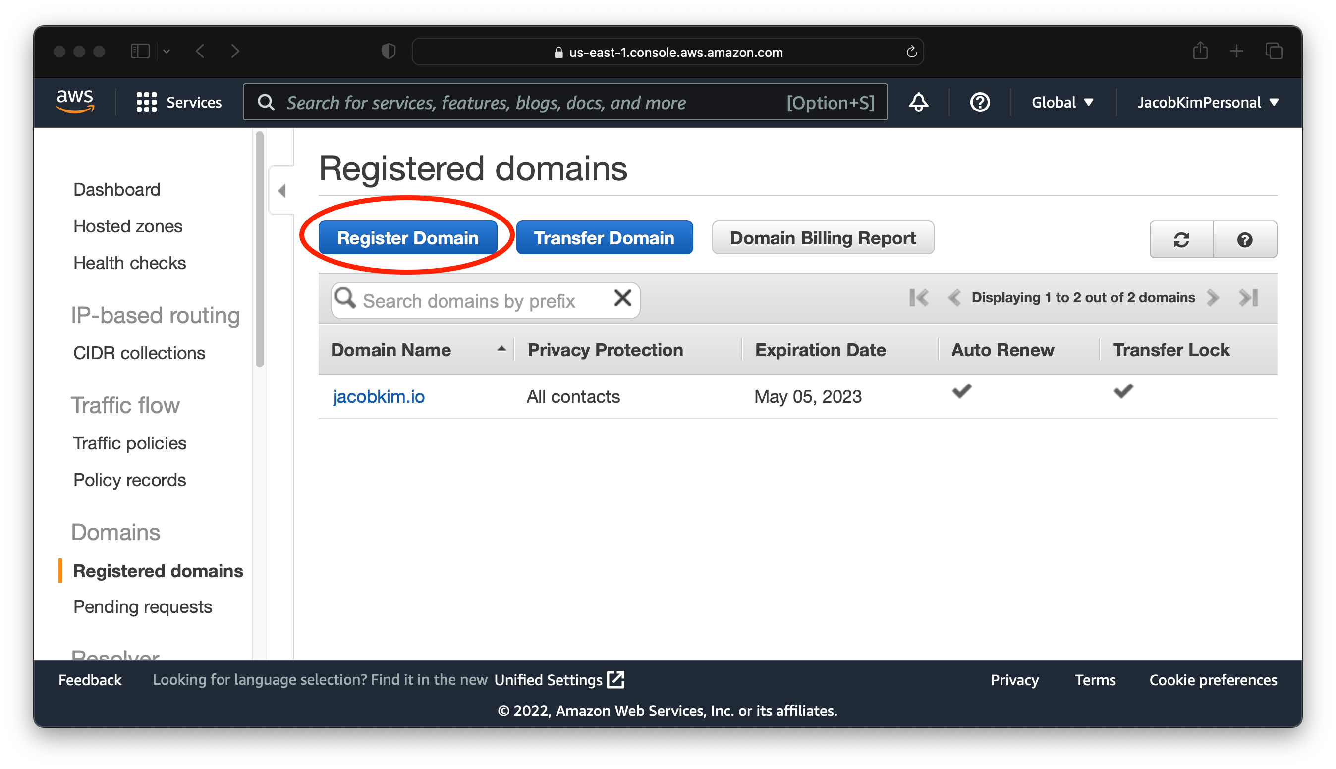 A screenshot of domain registration with Route 53