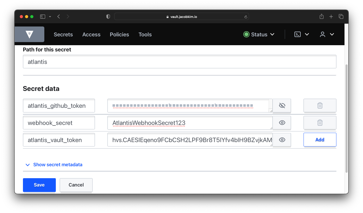 A screenshot of the Vault UI which shows how to create a secret for GitHub Personal Access Token