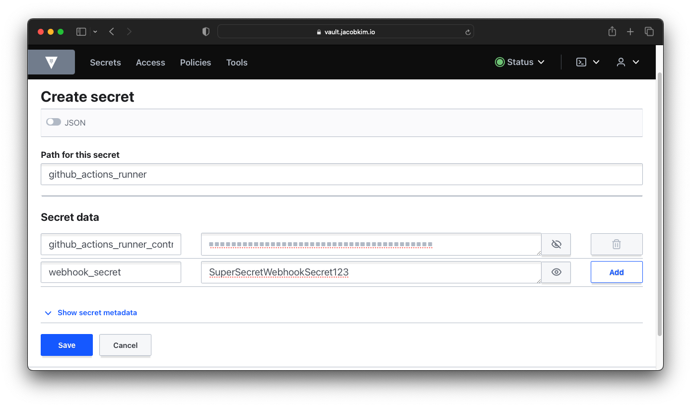 A screenshot of the Vault UI which shows how to create a secret for GitHub Personal Access Token