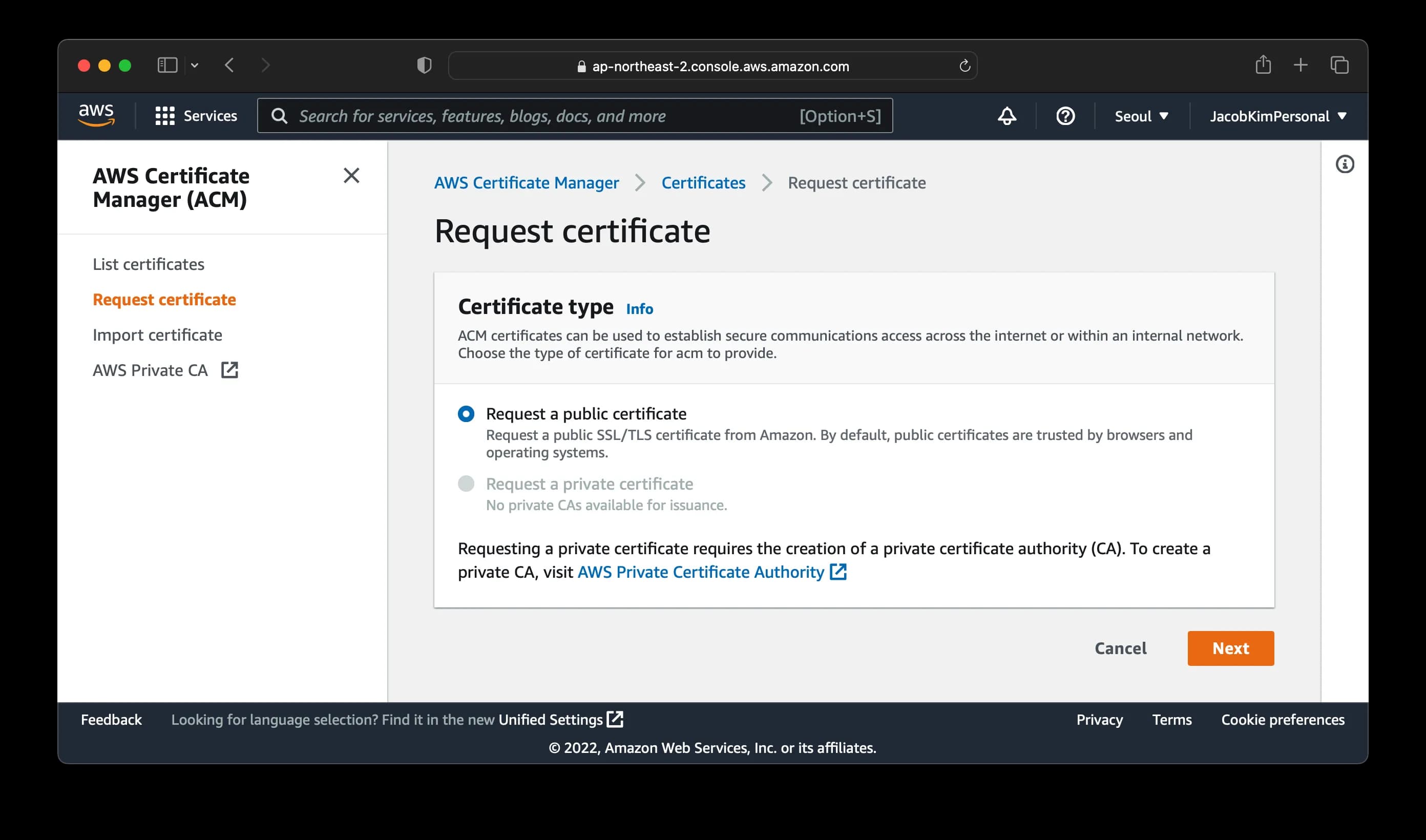 A screenshot of certificate request with AWS Certificate Manager