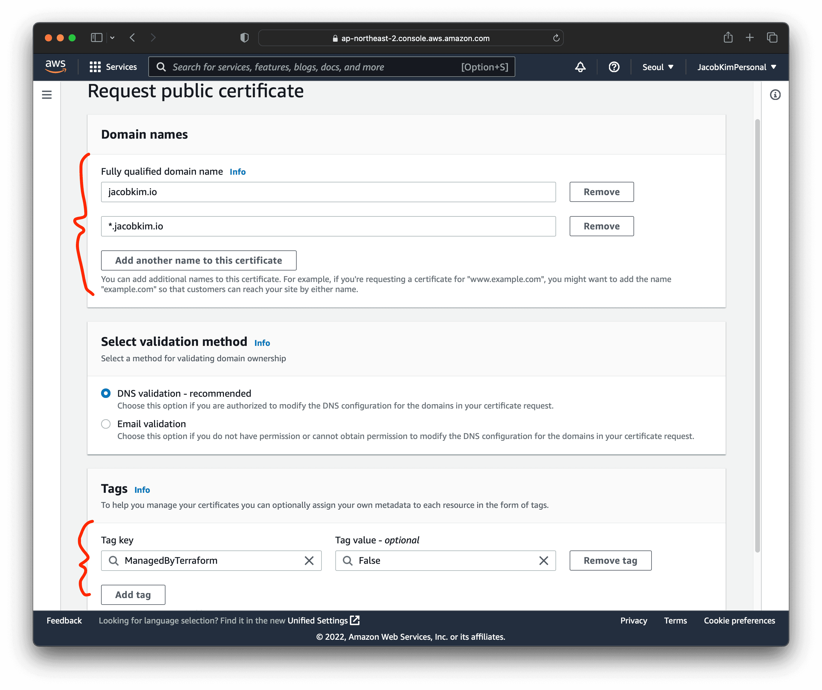 A screenshot of certificate request with AWS Certificate Manager