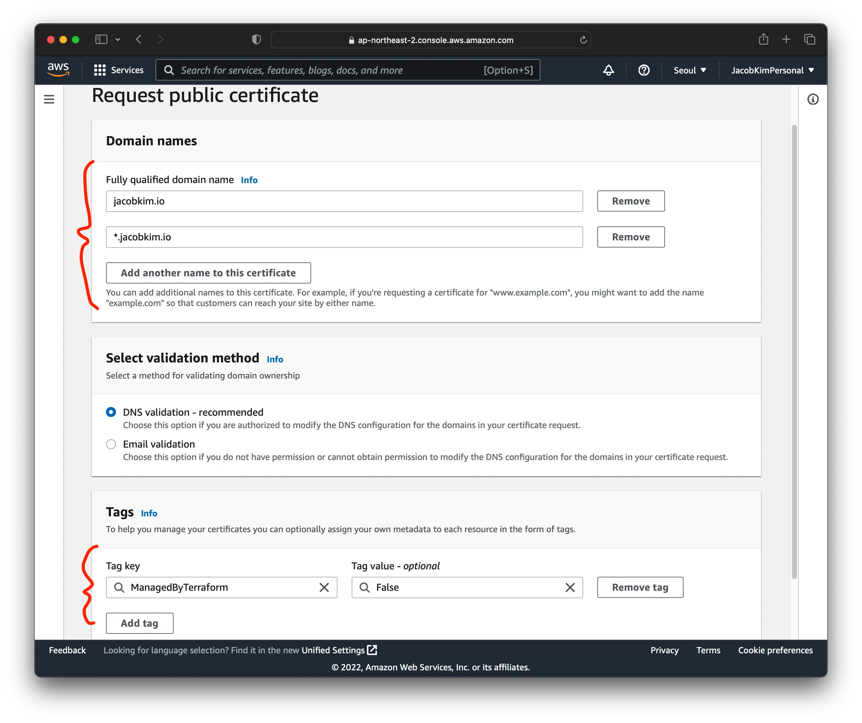 A screenshot of certificate request with AWS Certificate Manager