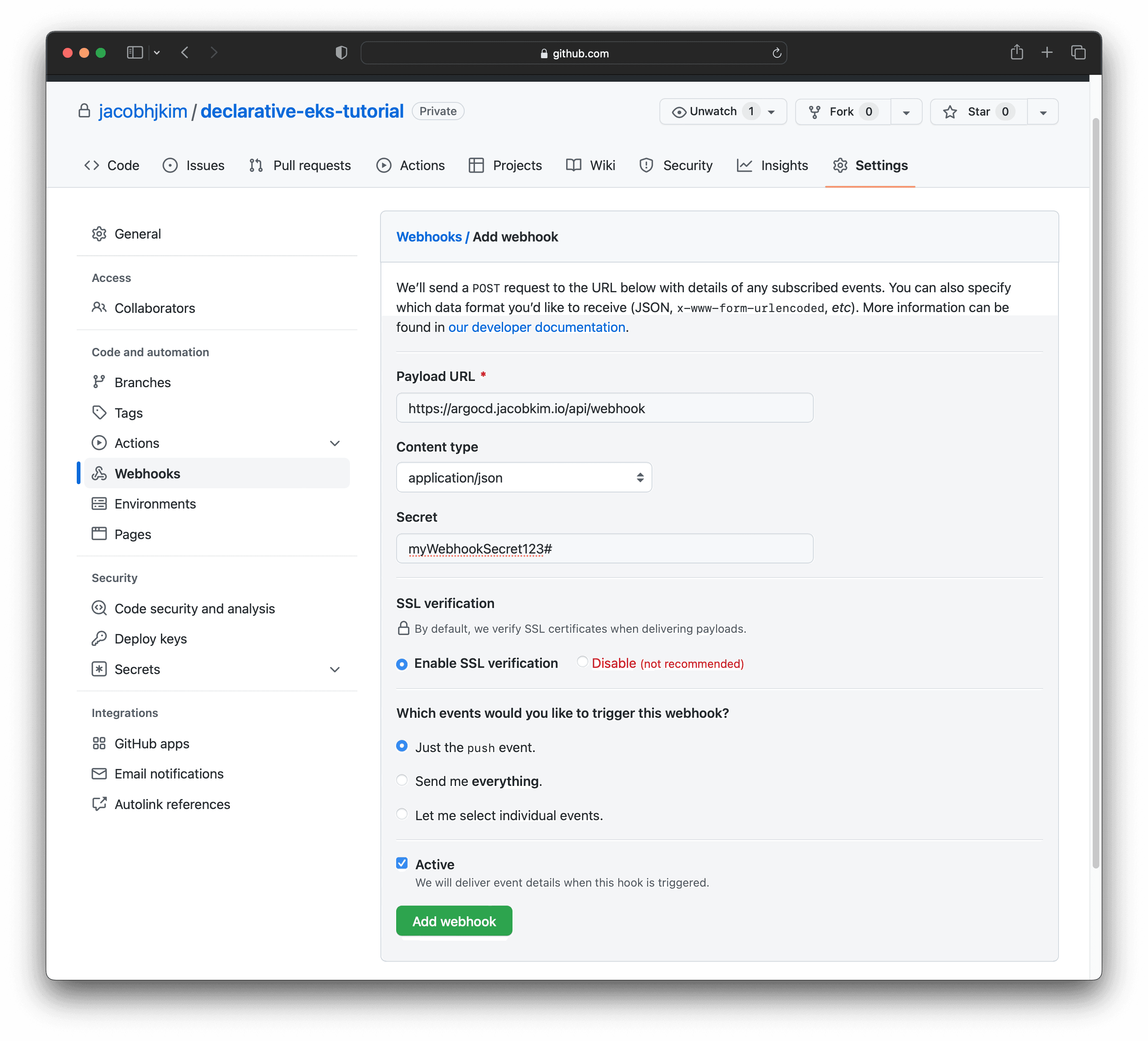 A screenshot of the GitHub webhook creation page