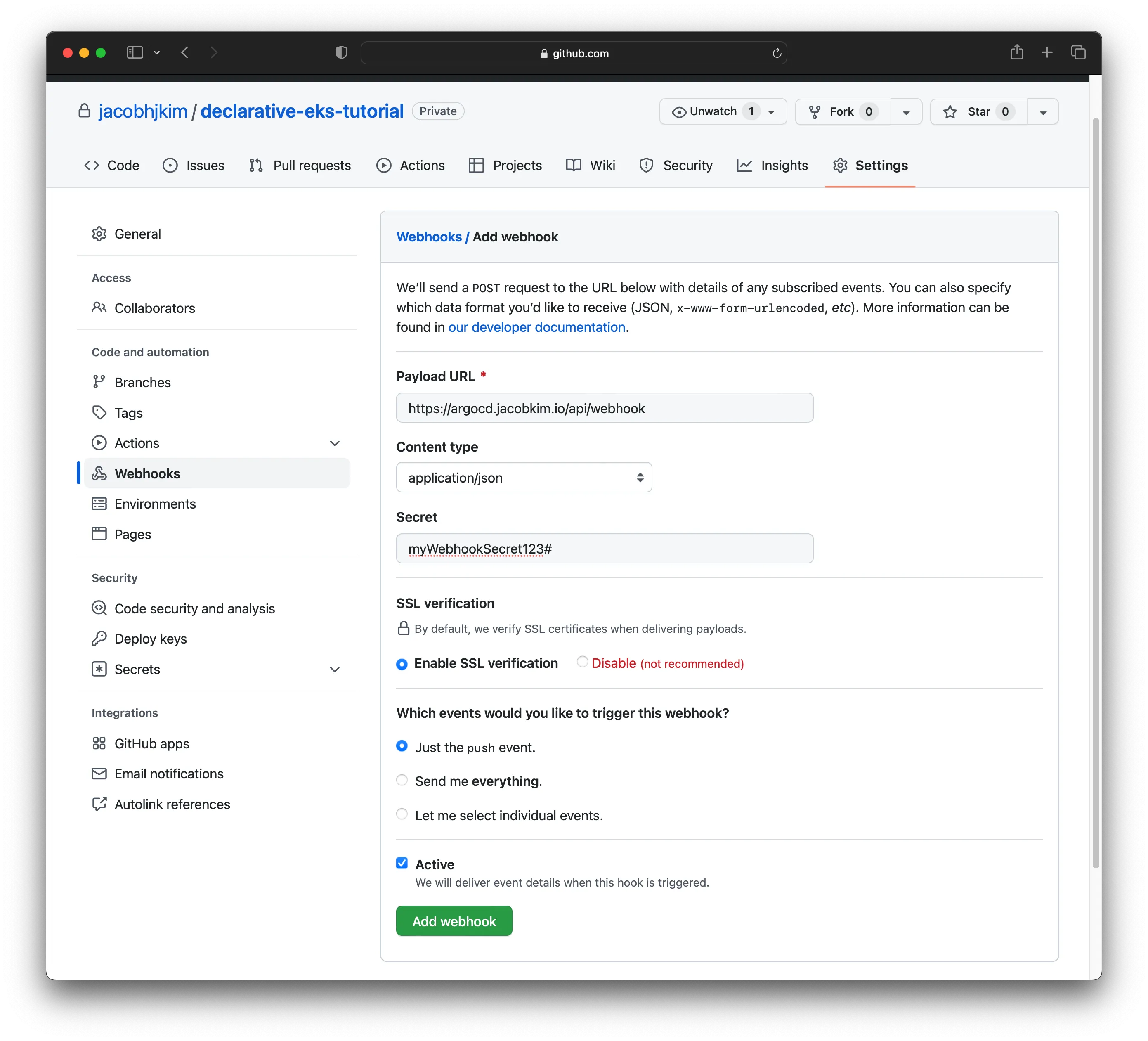 A screenshot of the GitHub webhook creation page