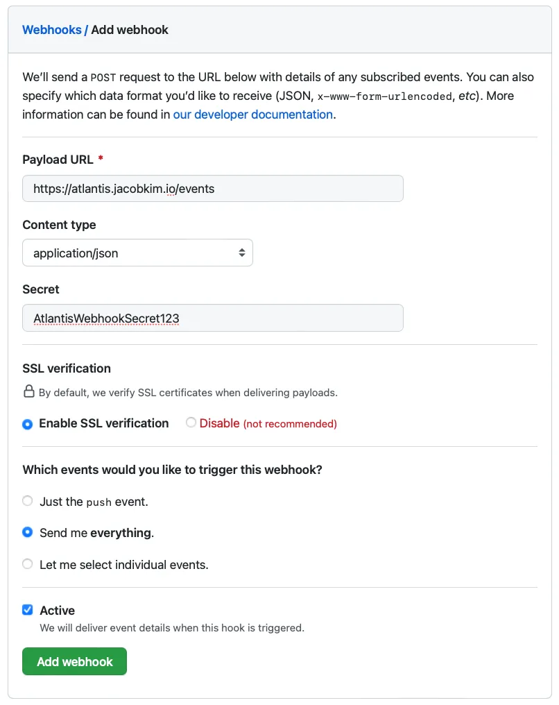 A screenshot of the GitHub repository webhook settings page