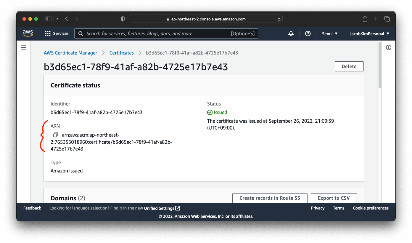 Copy Certificate ARN from AWS Web console