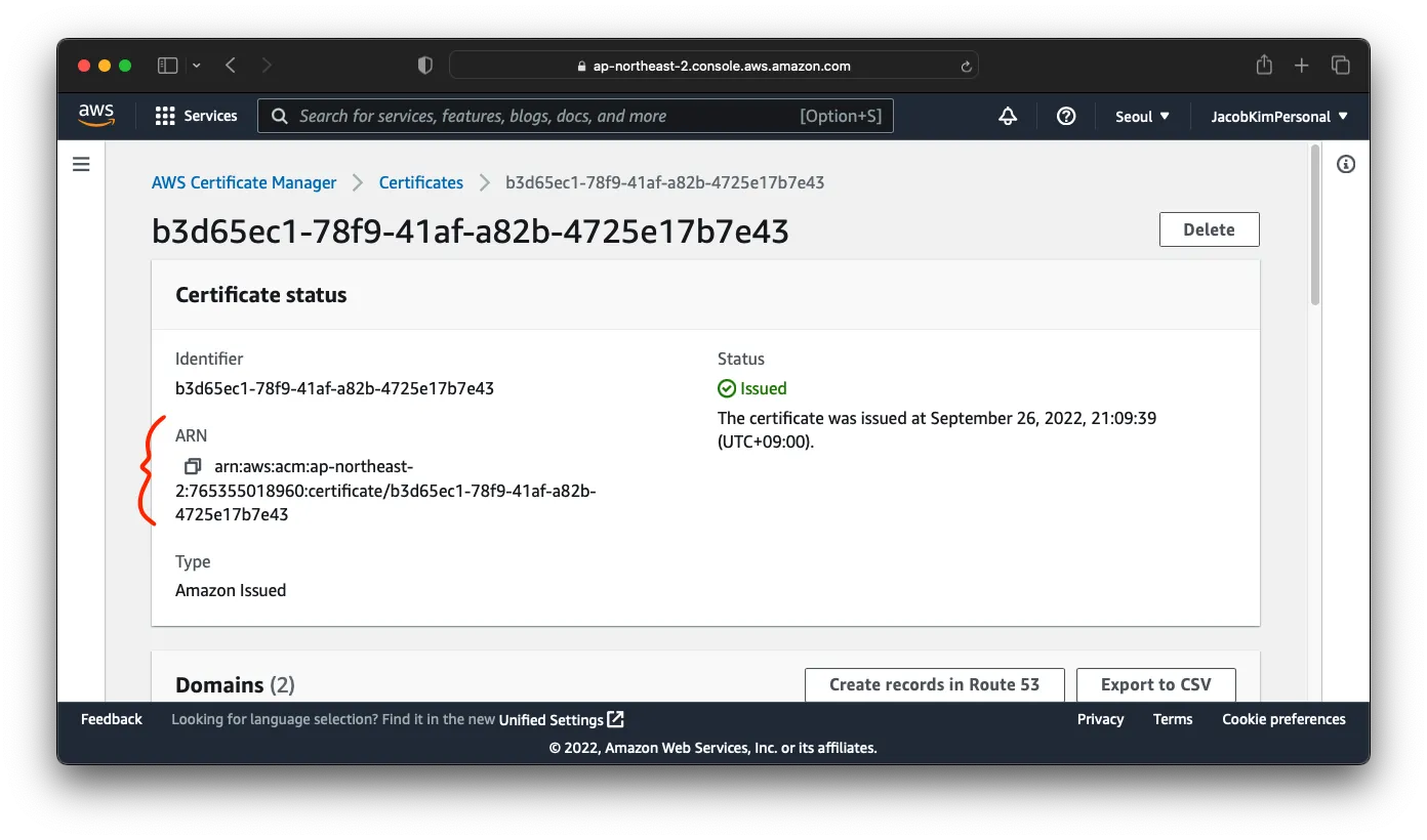 Copy Certificate ARN from AWS Web console