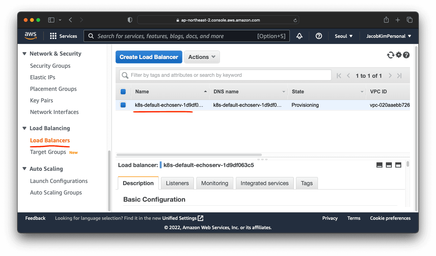 A screenshot of AWS web console which shows load balancer for echo server being provisioned