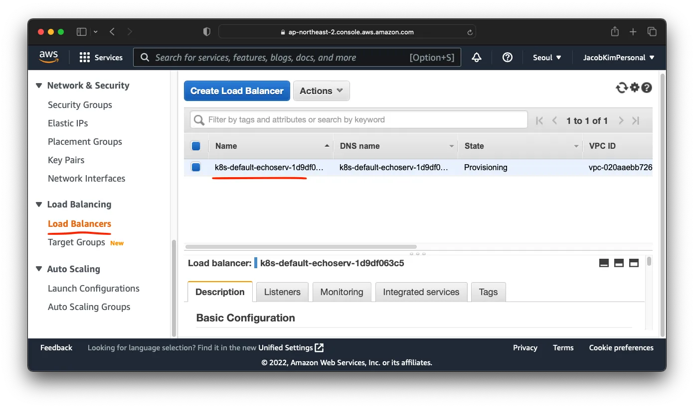 A screenshot of AWS web console which shows load balancer for echo server being provisioned