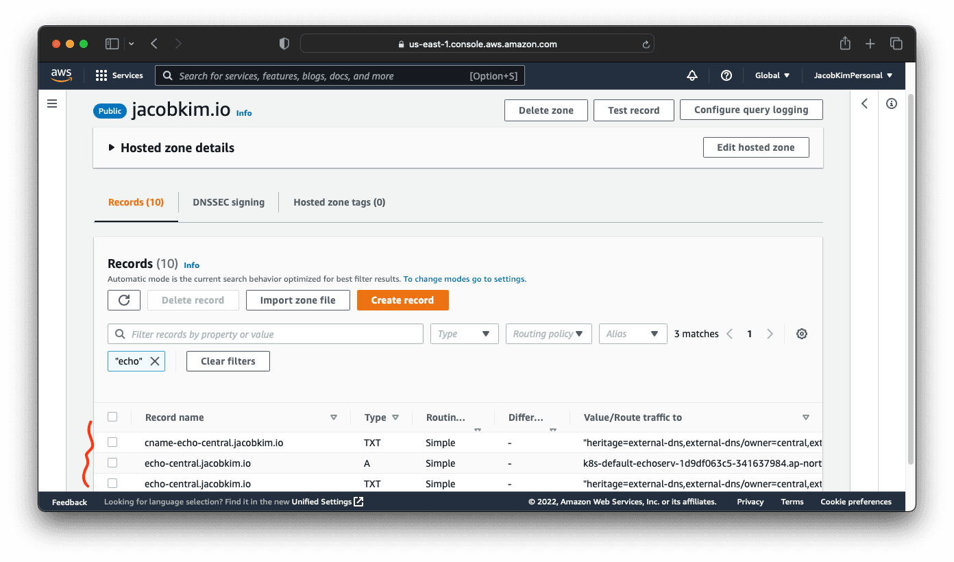 A screenshot of AWS Route53 console which shows the DNS record for echo server