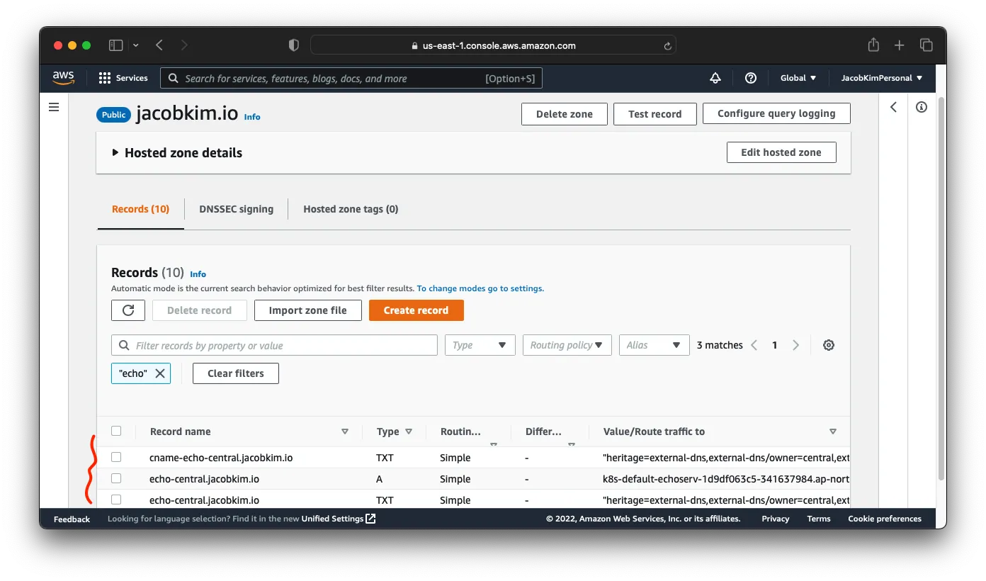 A screenshot of AWS Route53 console which shows the DNS record for echo server
