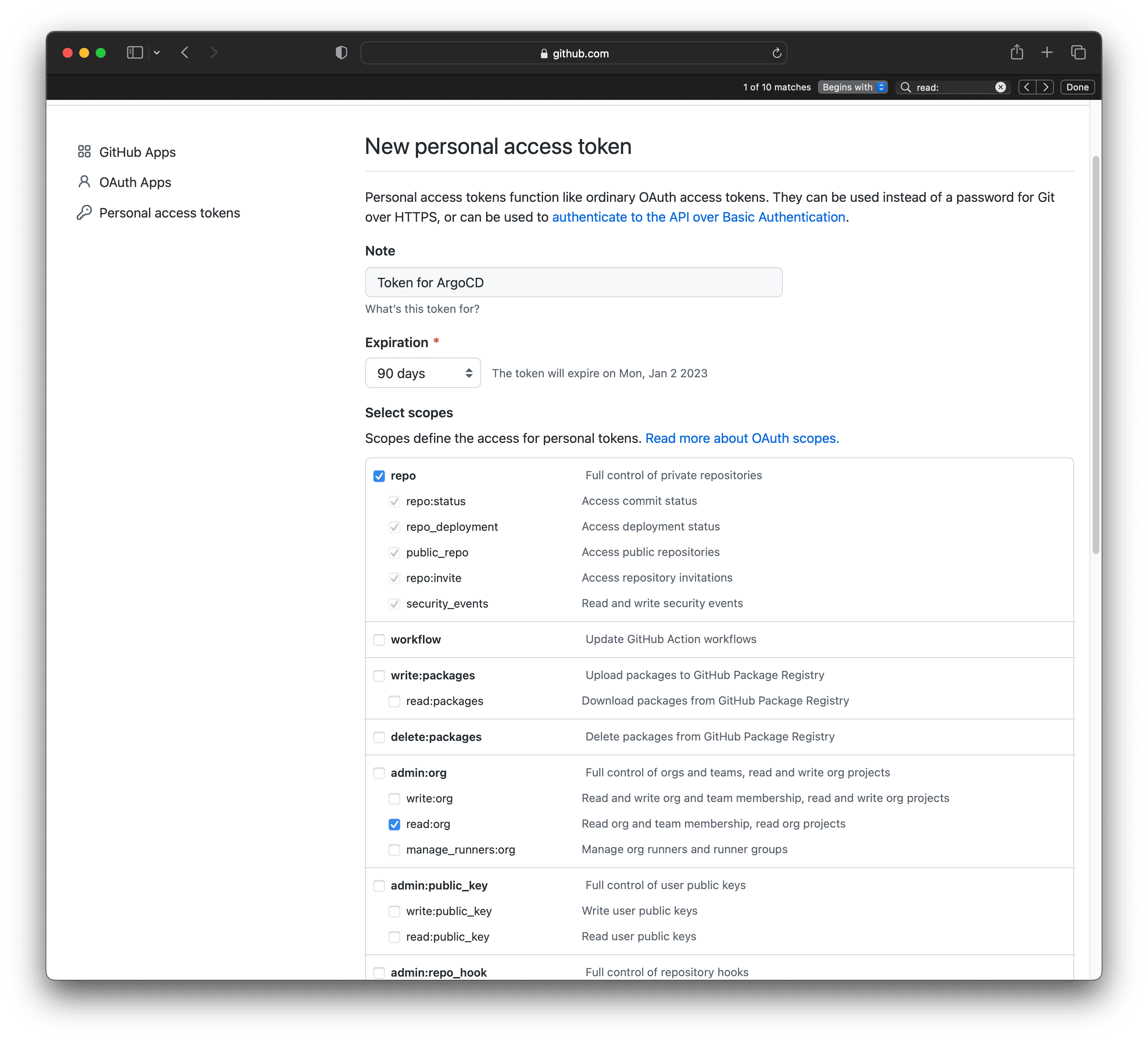 A screenshot of the GitHub token creation page