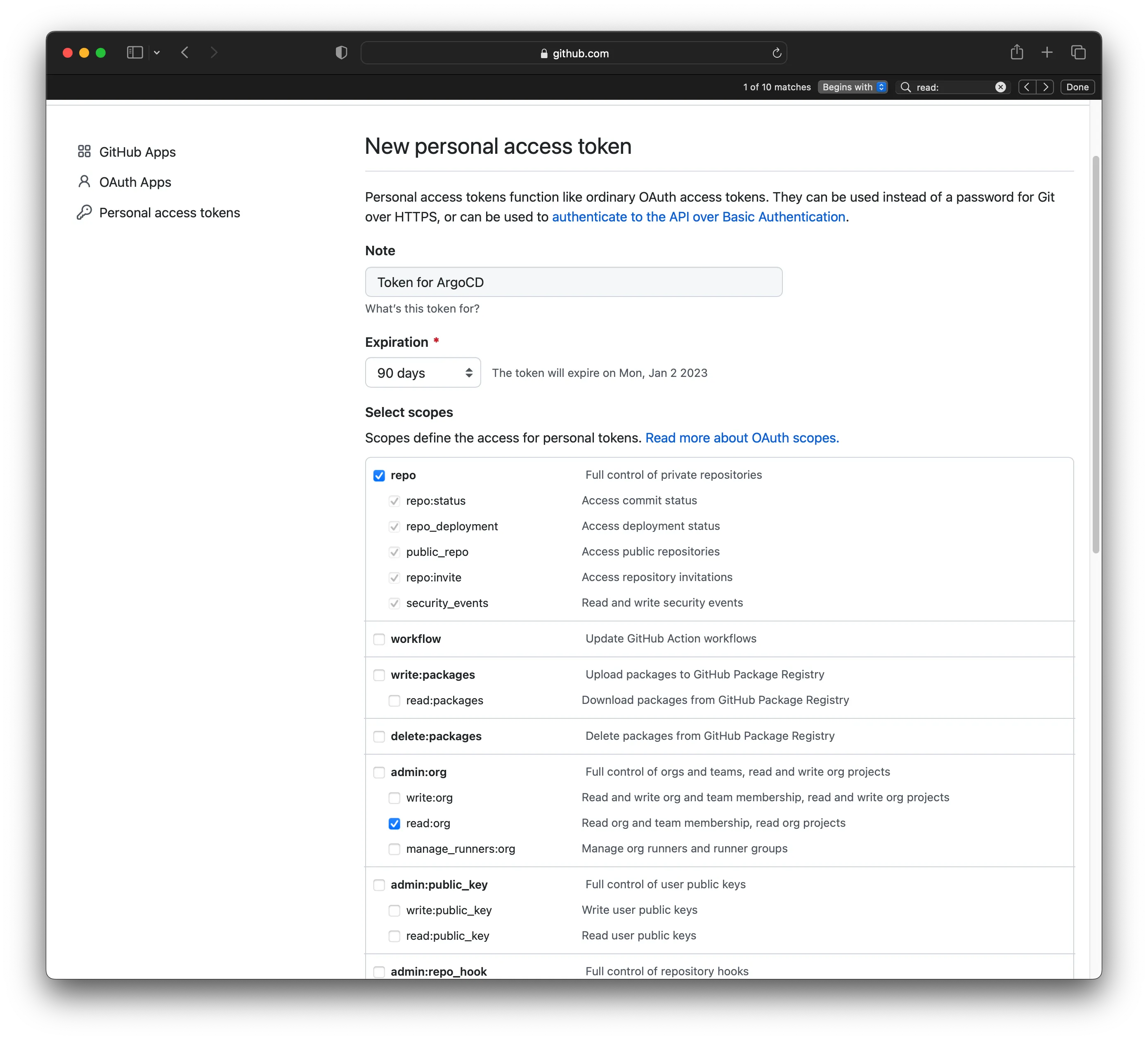 A screenshot of the GitHub token creation page