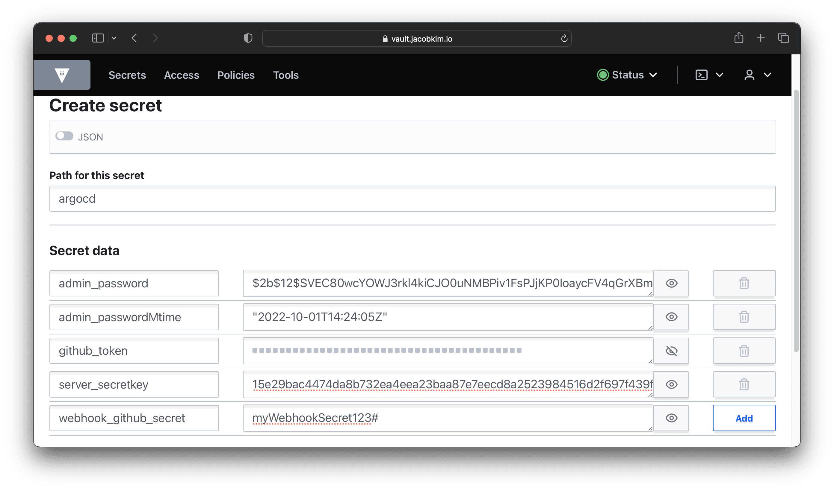 A screenshot of the Vault UI which shows how to create a secret for Argo CD