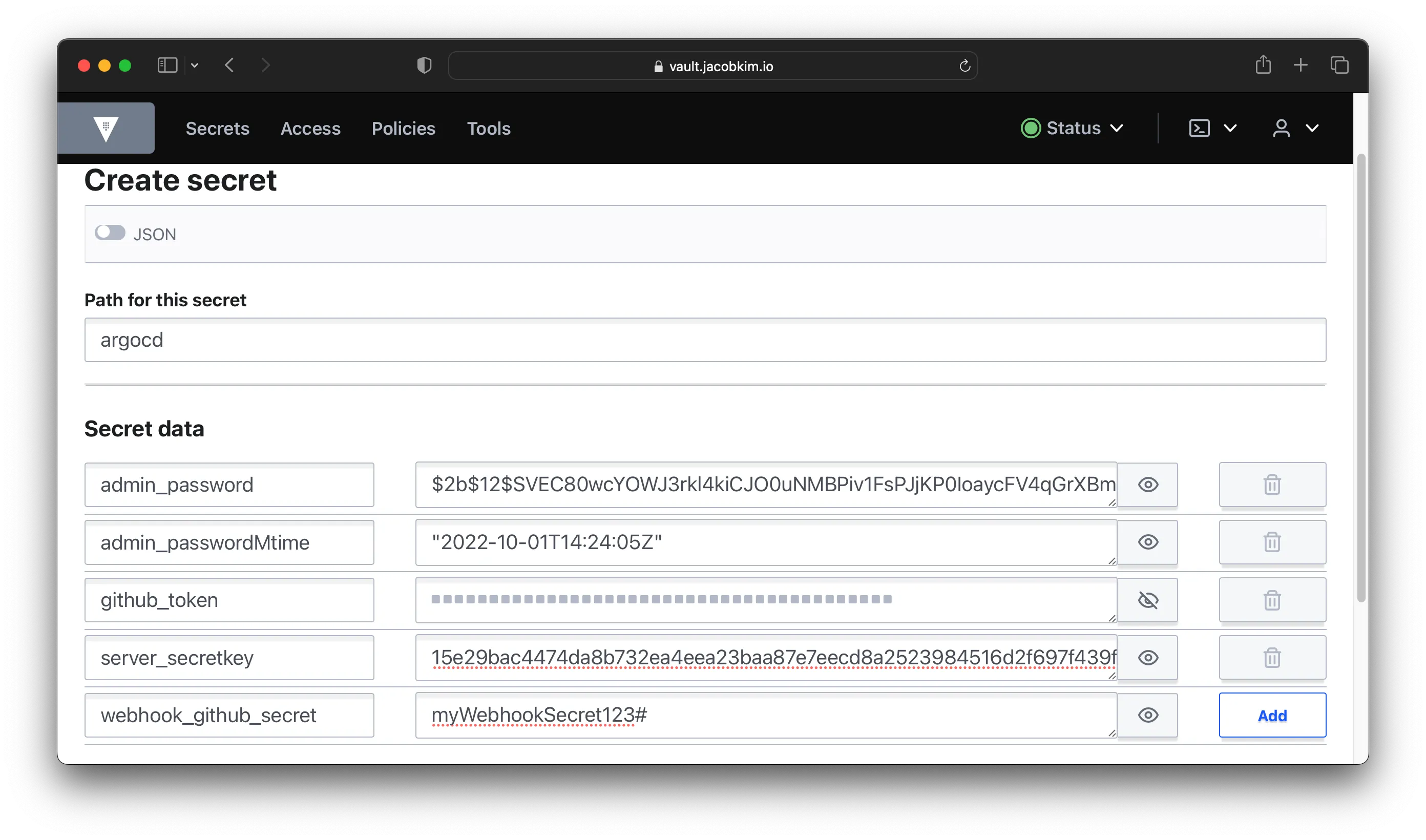 A screenshot of the Vault UI which shows how to create a secret for Argo CD