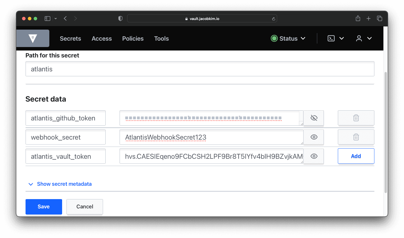 A screenshot of the Vault UI which shows how to create a secret for GitHub Personal Access Token