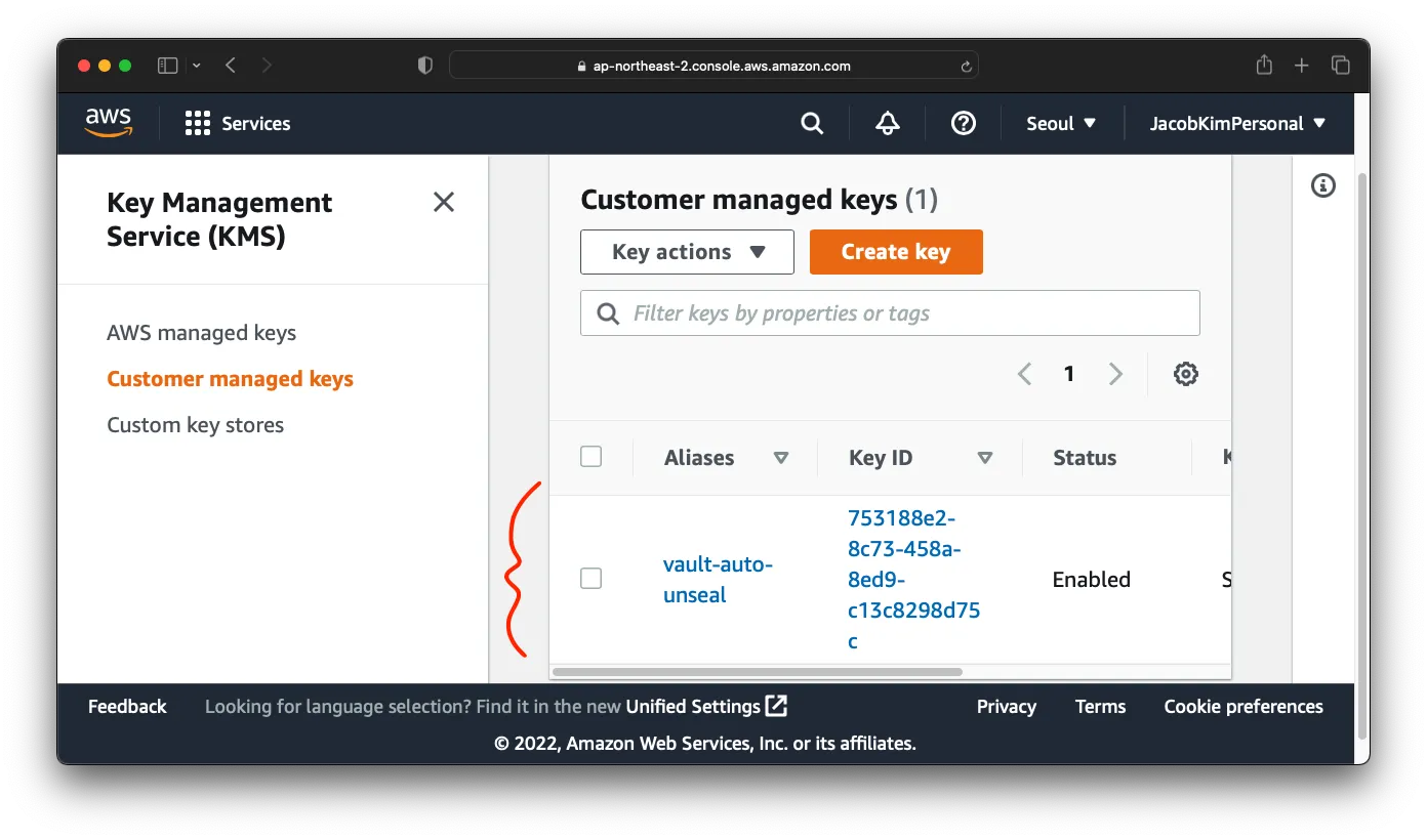 A screenshot of AWS KMS console which shows the KMS id