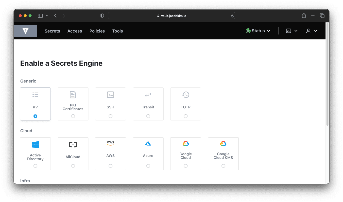 A screenshot of the Vault UI which shows how to create a KV secret engine