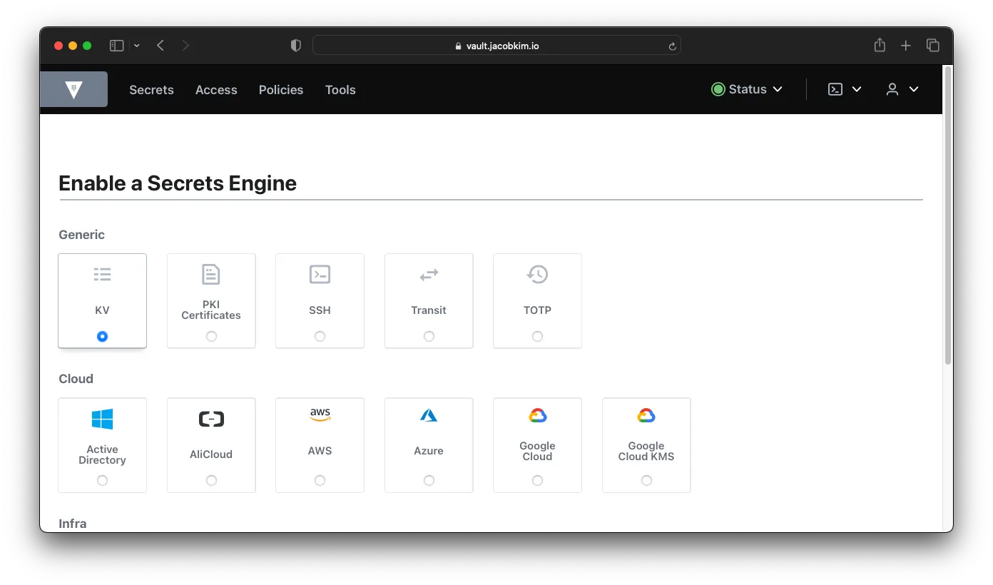 A screenshot of the Vault UI which shows how to create a KV secret engine