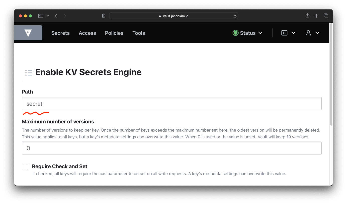 A screenshot of the Vault UI which shows how to create a KV secret engine