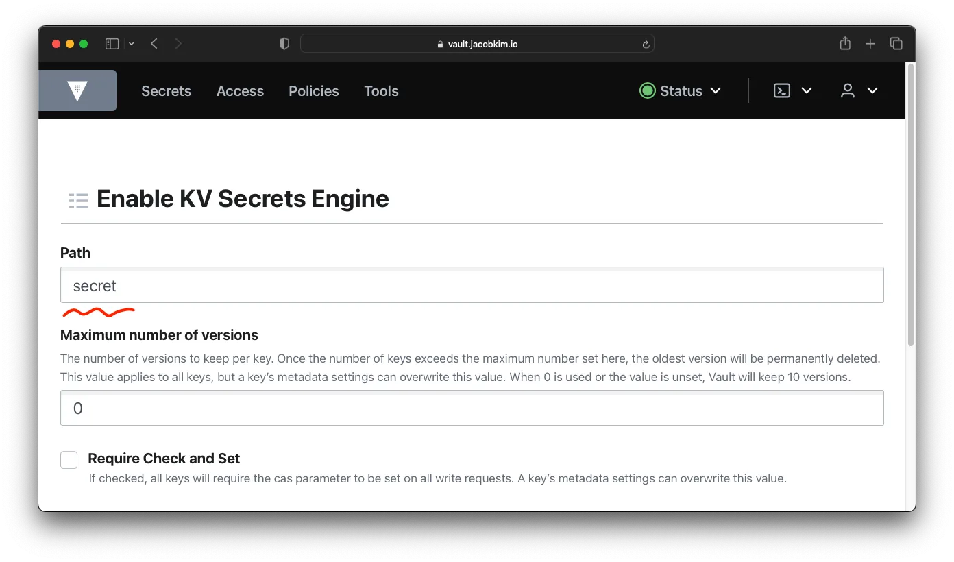 A screenshot of the Vault UI which shows how to create a KV secret engine