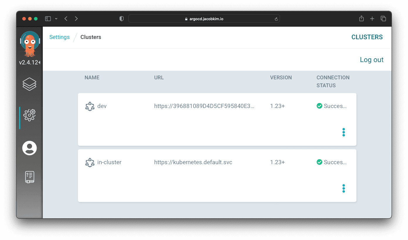 A screenshot of the Argo CD UI showing dev cluster connection
