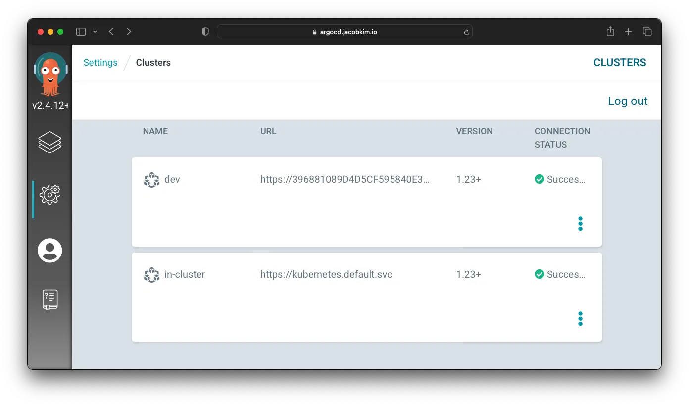 A screenshot of the Argo CD UI showing dev cluster connection