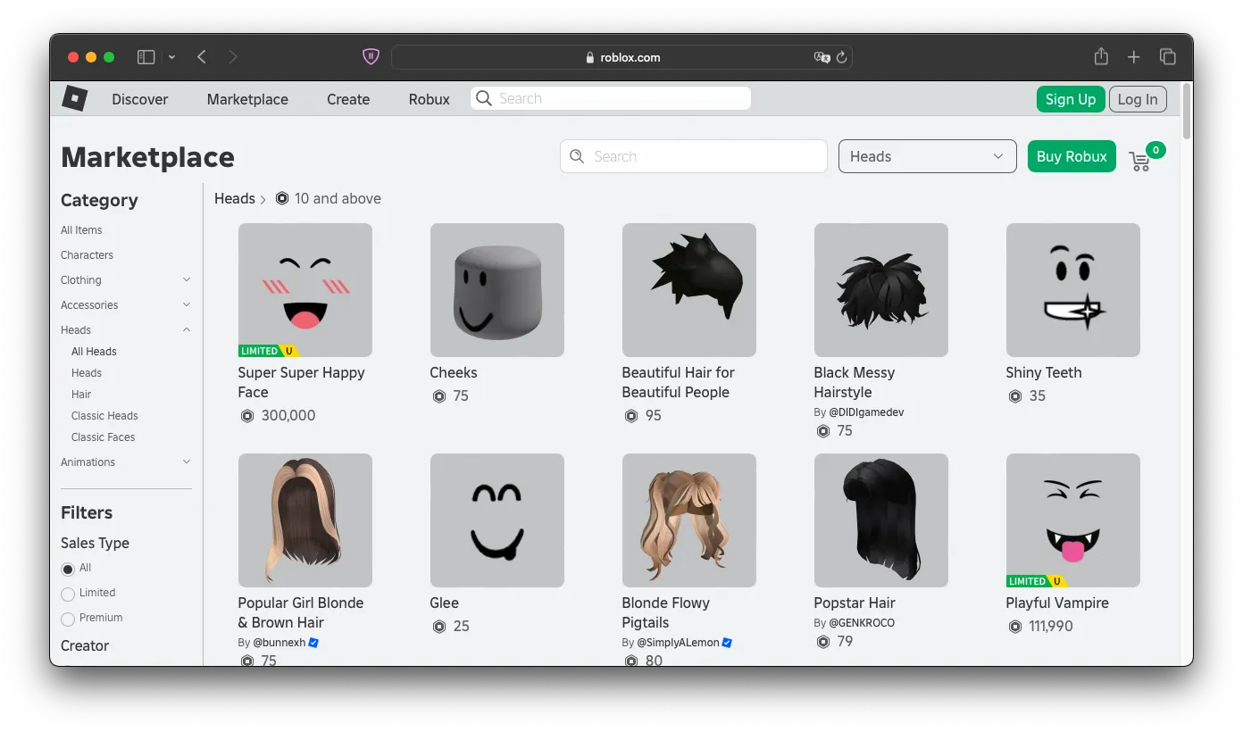 Roblox marketplace screenshot